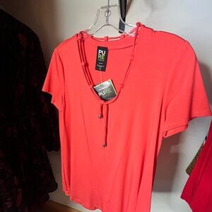 Pure Essence NWT Coral V-Neck Short Sleeve Top with Tie Detail
